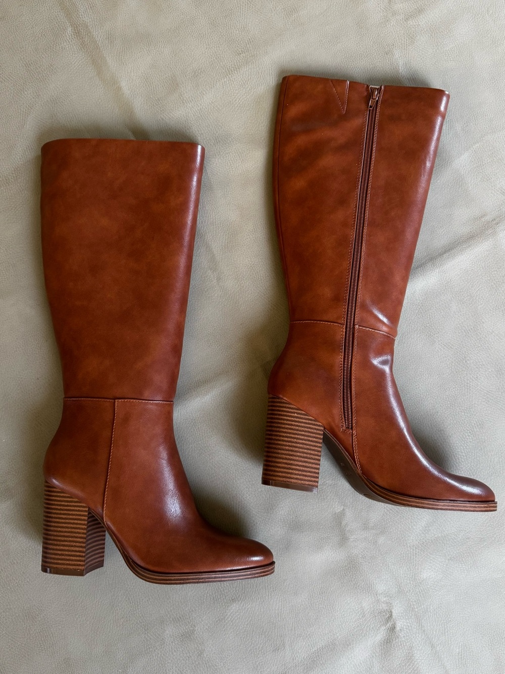 Unisa Tall Stacked Heel Riding Boots Faux Leather Round Toe - Cognac Brown 10